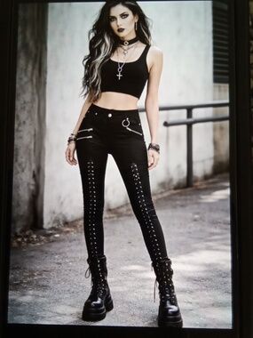 Killstar Black Gothic Skinny Pants with Moon & Crystal Label Lace Up Front XL